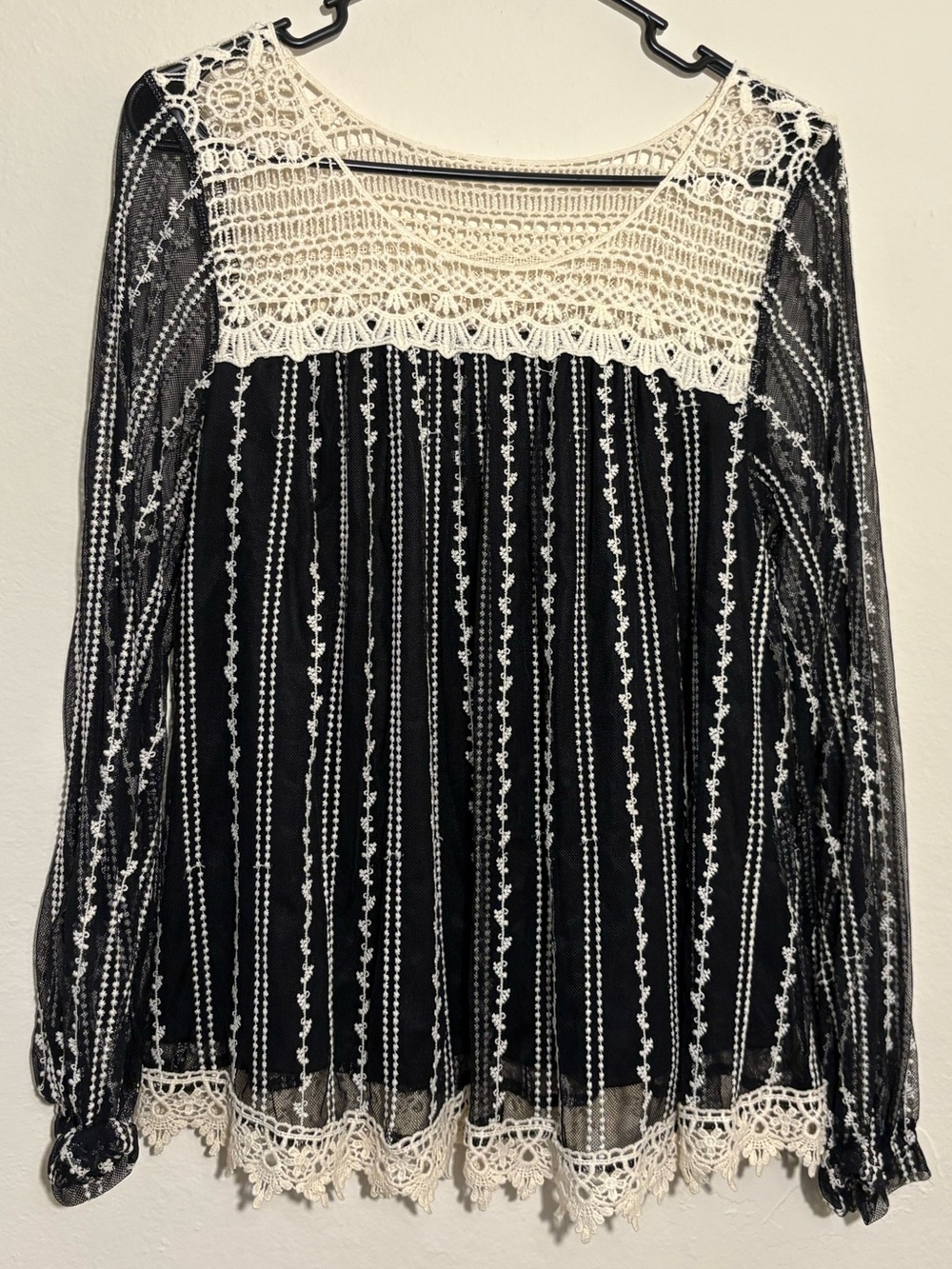 Altar’d State Black Ivory Crochet Lace Boho Blouse Sheer Embroidered Top S
